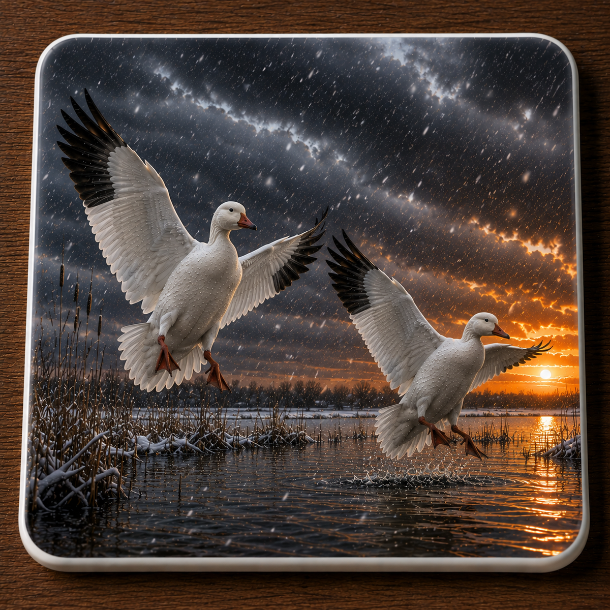 A square ceramic coaster with rounded corners featuring a printed sceneof two  landing snow geese over a snowy water landscape at sunset, placed on a dark wood surface.