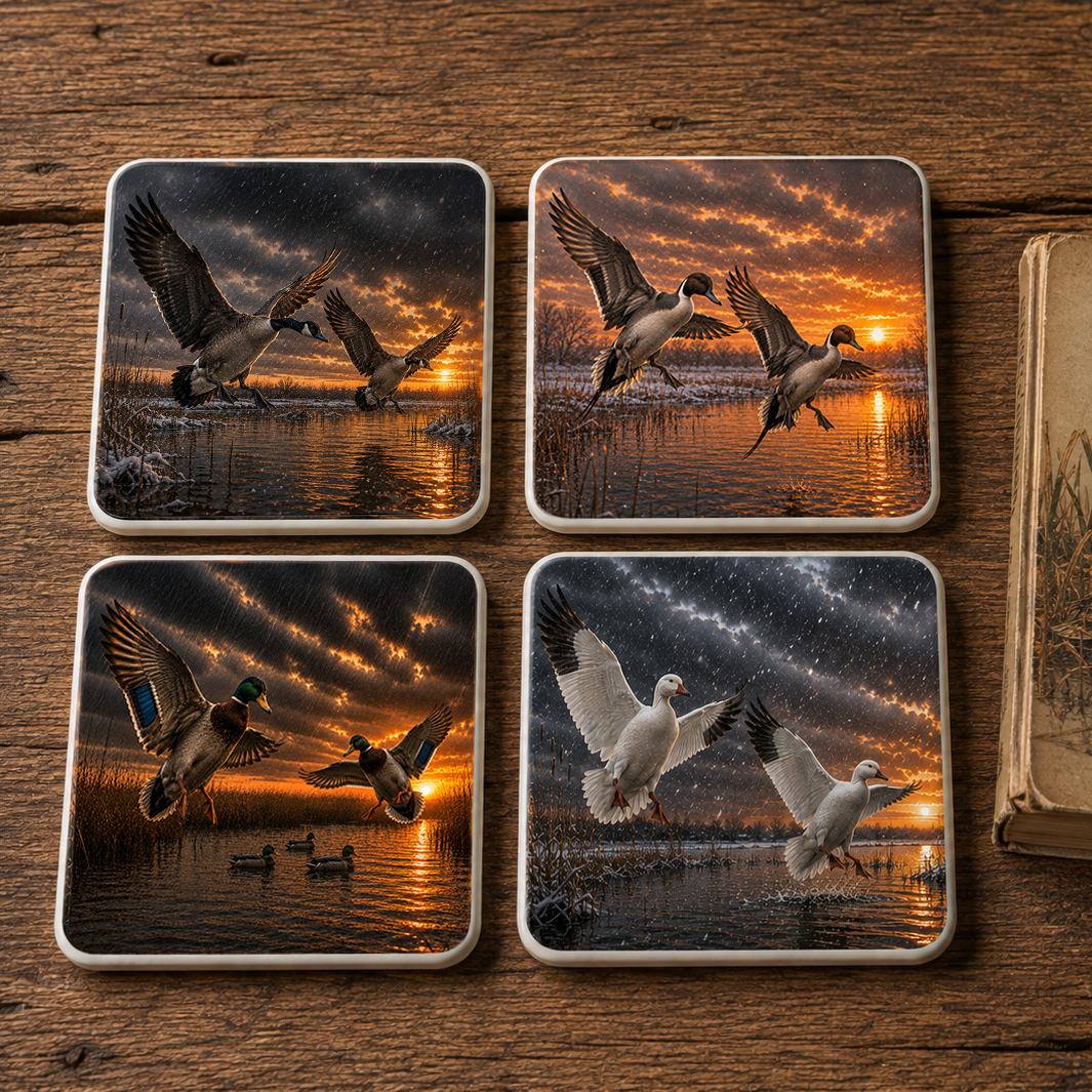 Four square ceramic coasters with rounded corners featuring ducks and geese landing at sunset, arranged on a wooden surface next to a book.