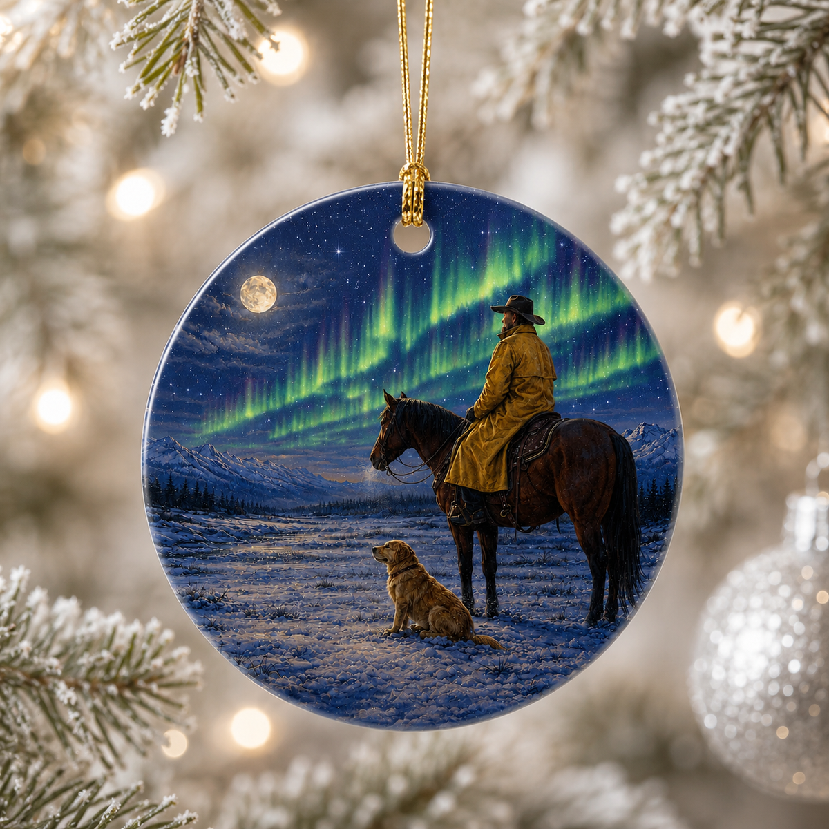 Round ceramic Christmas ornament featuring a scenic illustration of a cowboy on a dark horse and sitting with a golden retriever dog under a starry night sky with green aurora borealis, hanging on a blurred Christmas tree branch.