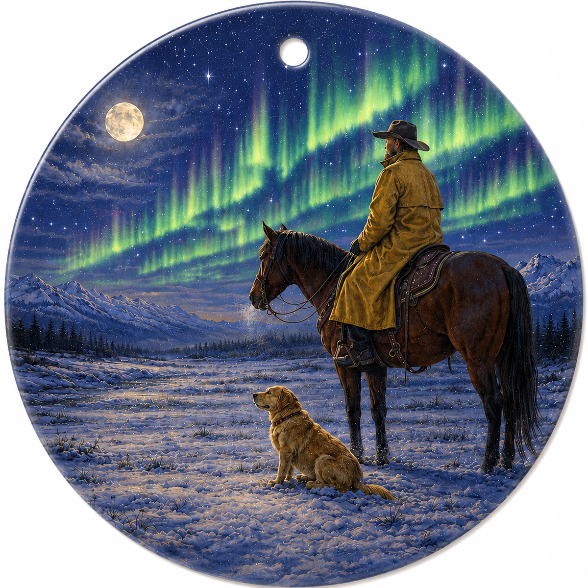 Round decorative ceramic ornament featuring a scenic painting of a cowboy on horseback and a dog under the northern lights - Aurora Borealis - at night, with a small hanging hole at the top.
