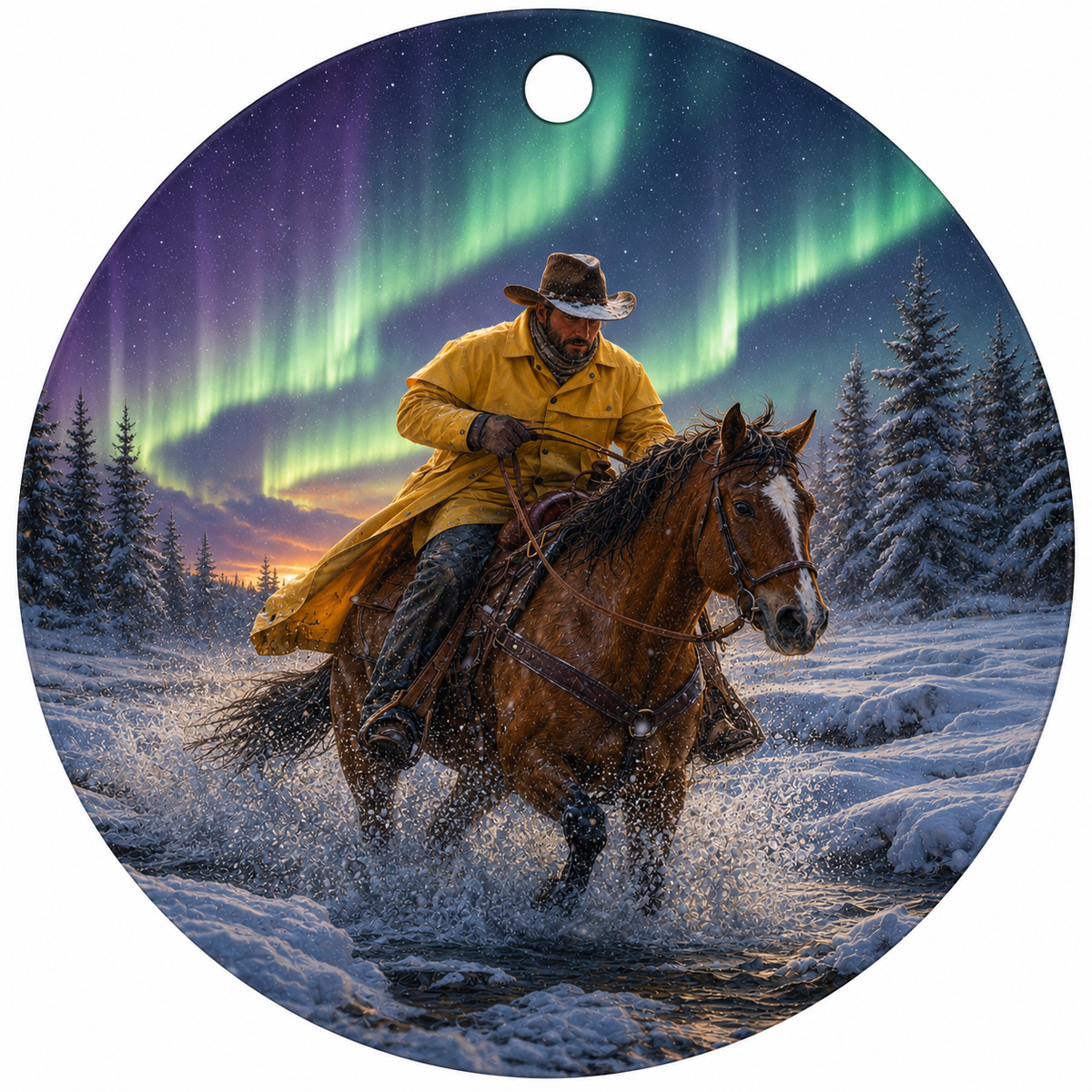 A circular hanging ceramic ornament or print featuring a winter scene with a cowboy in a yellow coat riding a brown horse through snow, under a night sky filled with green aurora borealis and dark pine trees.