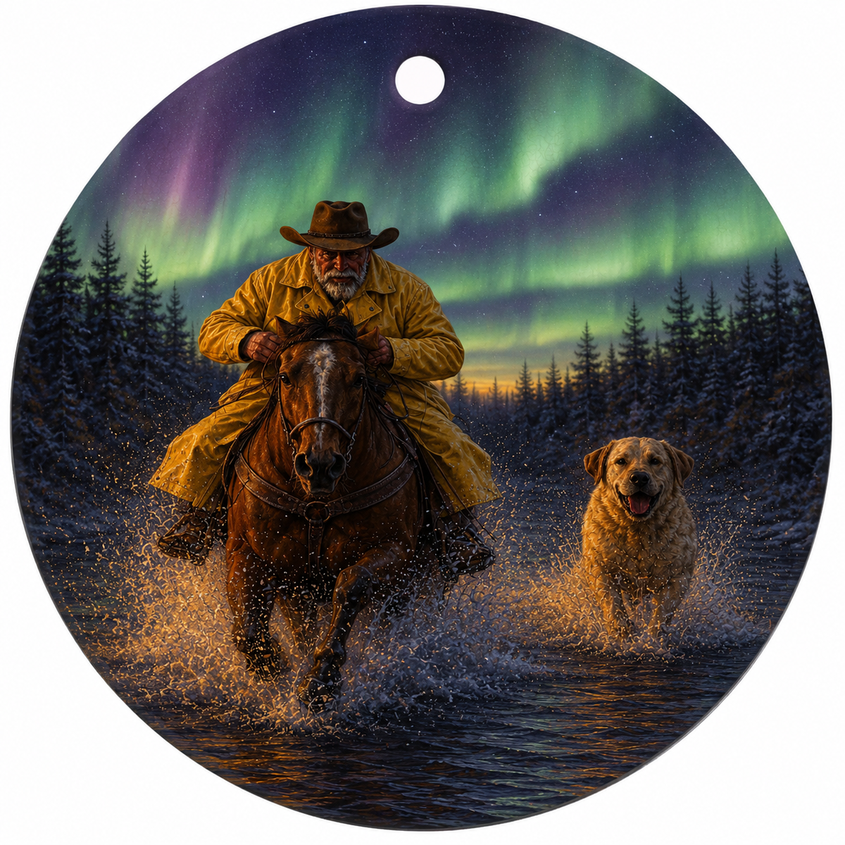 Round hanging ceramic ornament featuring a circular printed illustration of a cowboy in a yellow raincoat riding a brown horse and leading a golden dog through splashing water under a night sky filled with aurora borealis and a full moon.
