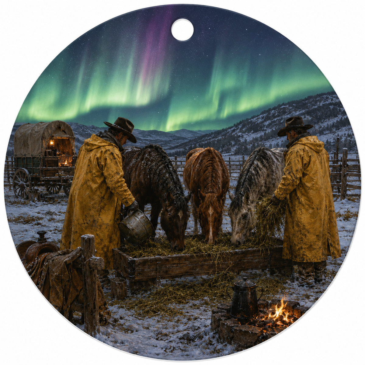 Round hanging ceramic ornament featuring a western-themed scene with two cowboys in yellow raincoats feeding three horses at a wooden trough under a snowy landscape and aurora borealis sky.
