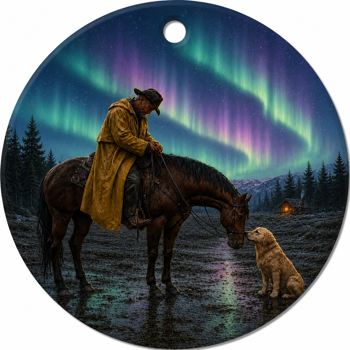 Round hanging ceramic ornament featuring a western-style illustration of a cowbooy in a yellow coat riding a brown horse while a golden retriever sits nearby under a vivid aurora borealis sky at night.