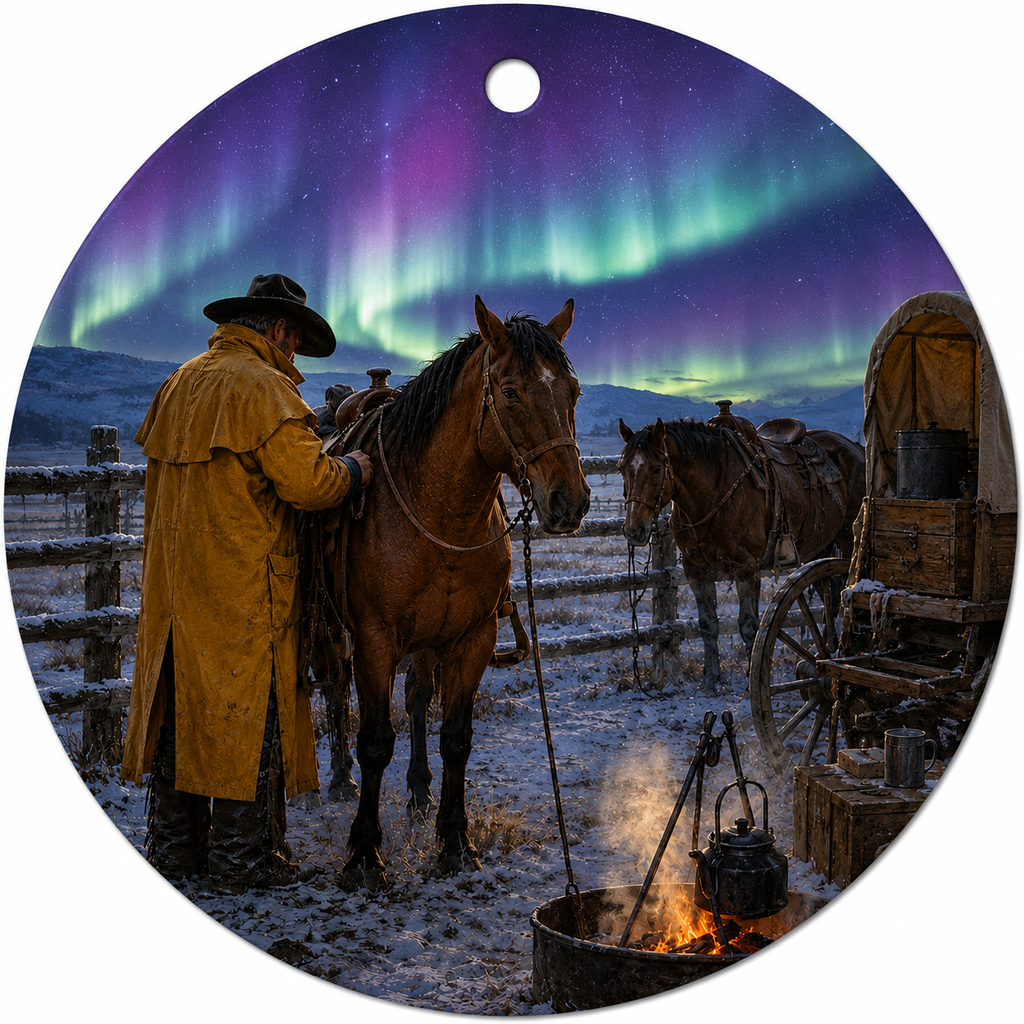 Round hanging ceramic ornament featuring a western winter scene with a cowboy in a tan coat standing by a horse near a campfire, with other horses and a covered wagon in the background under a vivid aurora borealis sky.