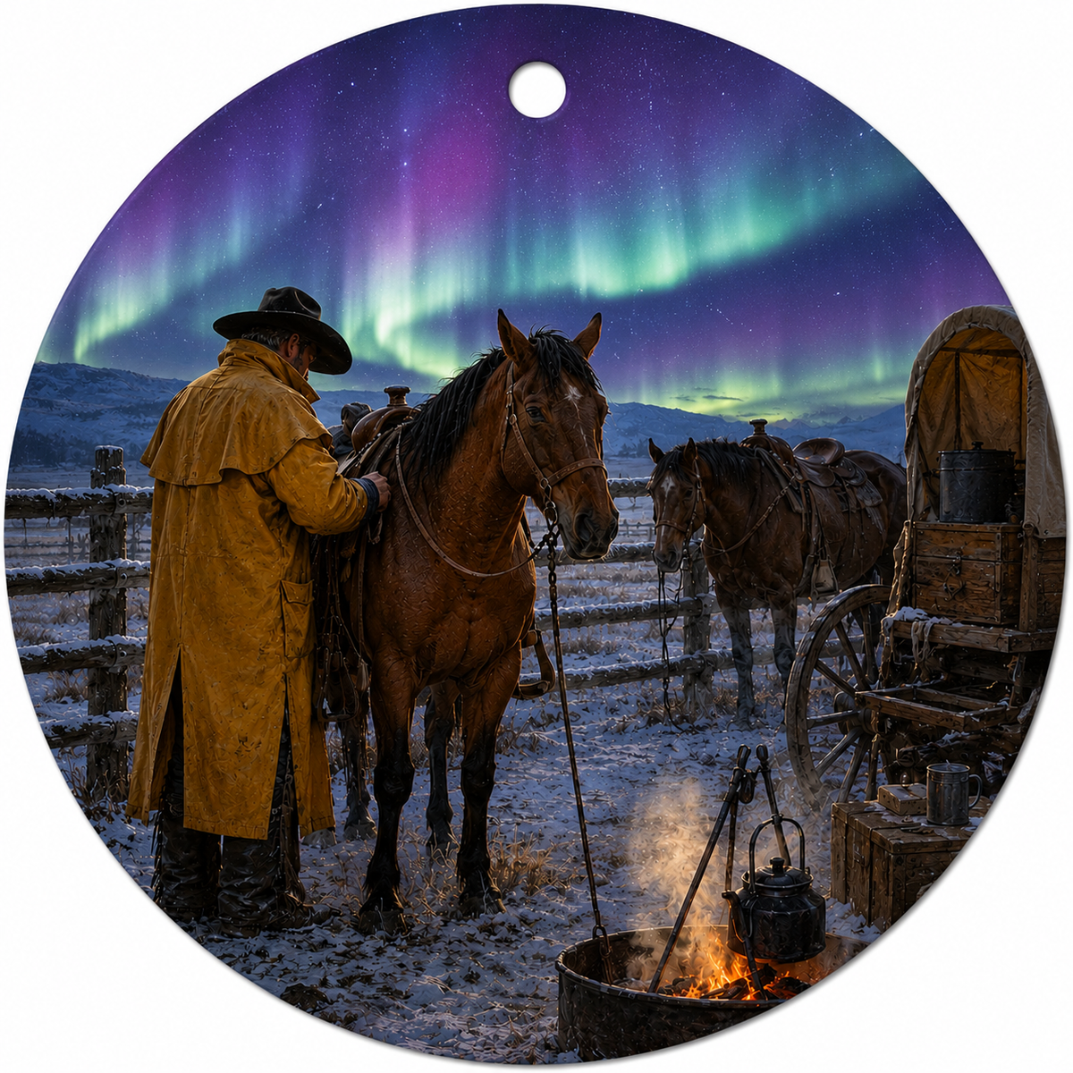Round hanging ceramic ornament featuring a western winter scene with a cowboy in a tan coat standing by a horse near a campfire, with other horses and a covered wagon in the background under a vivid aurora borealis sky.