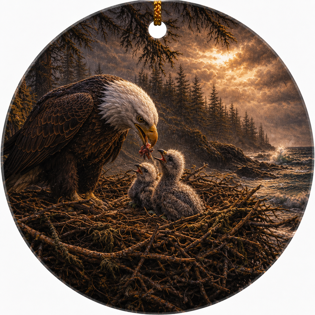 Round hanging ceramic ornament featuring a dramatic wildlife scene of a bald eagle feeding two chicks in a nest, with a forest, ocean, and glowing sunset in the background.