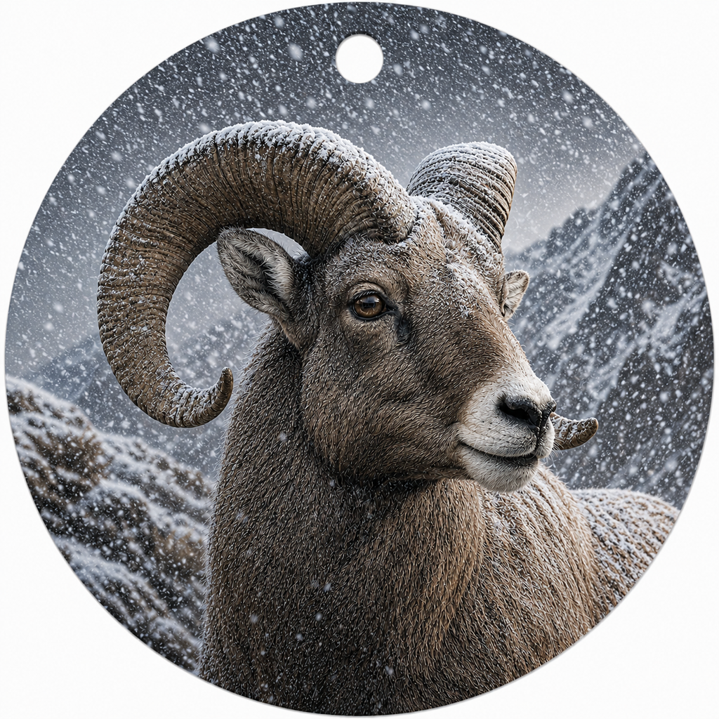 Round hanging ceramic ornament featuring a detailed winter painting of a bighorn sheep ram with large curled horns, set against snowy mountains and falling snow.