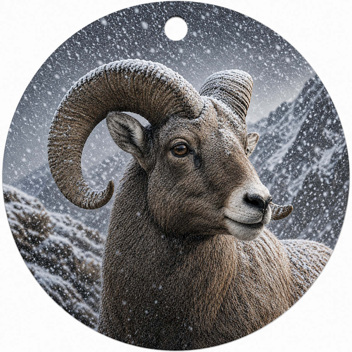 Round hanging ceramic ornament featuring a detailed winter painting of a bighorn sheep ram with large curled horns, set against snowy mountains and falling snow.