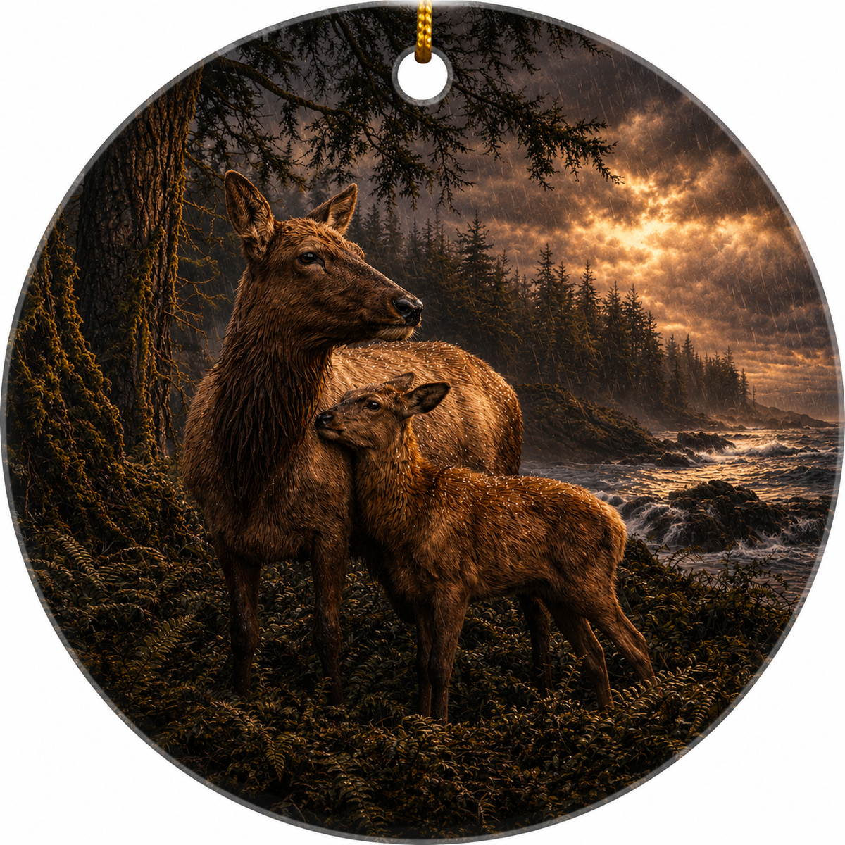 Round hanging ceramic ornament featuring a dramatic forest scene with an adult Roosevelt Elk and a fawn in front of a glowing stormy sky over water, with a gold hanging loop at the top.