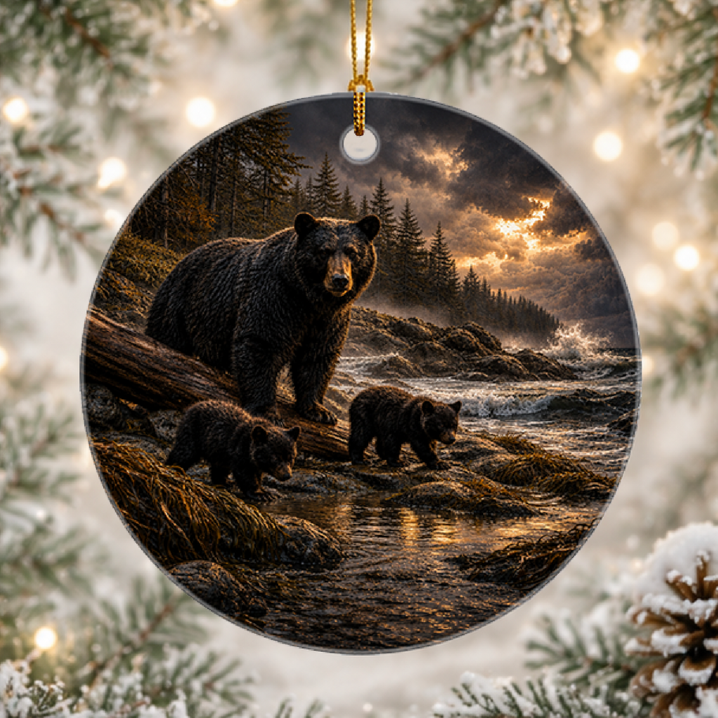 Round ceramic Christmas ornament featuring a black bear family scene, hanging by a gold string against a snowy pine tree background with warm bokeh lights.