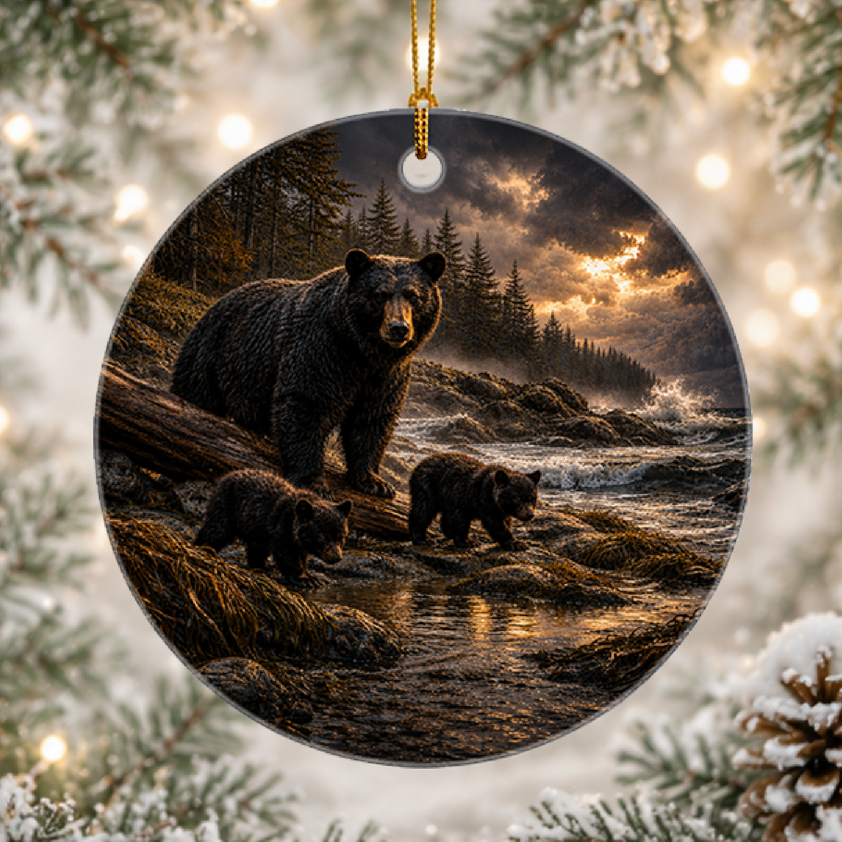 Round ceramic Christmas ornament featuring a black bear family scene, hanging by a gold string against a snowy pine tree background with warm bokeh lights.