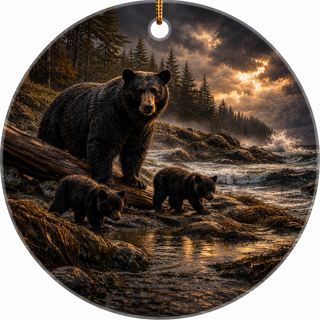 Round hanging ceramic ornament featuring a dramatic wildlife scene of an adult black bear standing over two cubs on a rocky shoreline at sunset, with a gold hanging loop at the top.