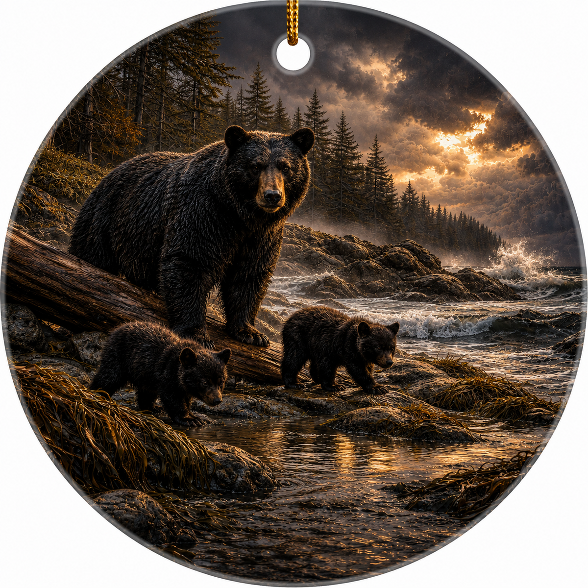 Round hanging ceramic ornament featuring a dramatic wildlife scene of an adult black bear standing over two cubs on a rocky shoreline at sunset, with a gold hanging loop at the top.