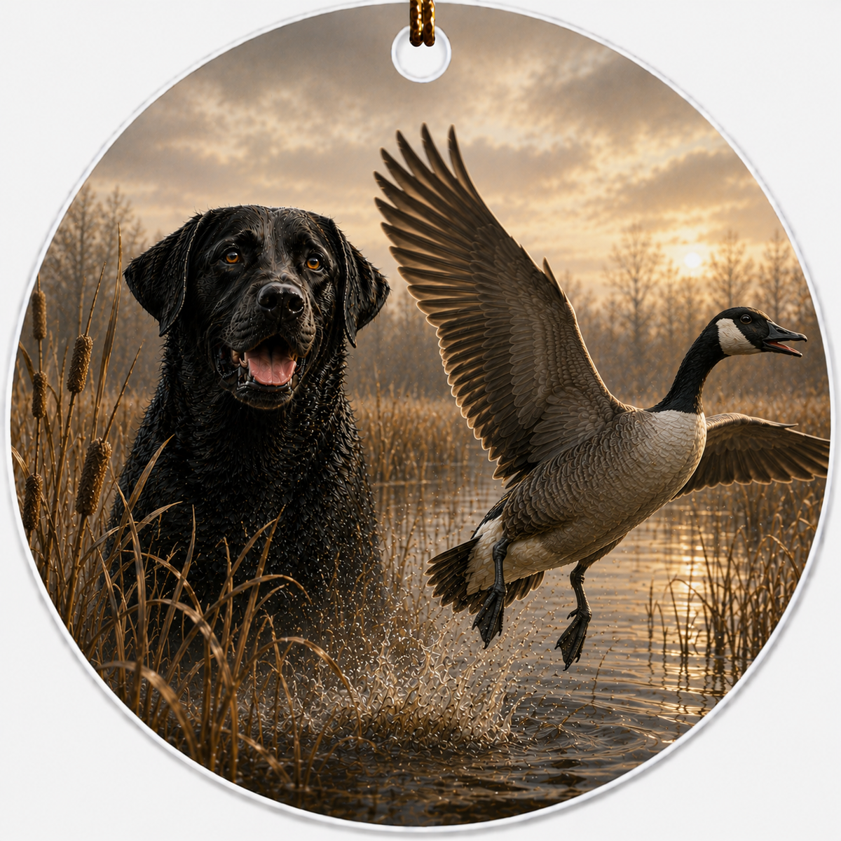 Round hanging ceramic ornament featuring a printed scene of a black Labrador retriever in shallow water next to a Canada goose flying in a marsh at sunset, with a small loop at the top for hanging.