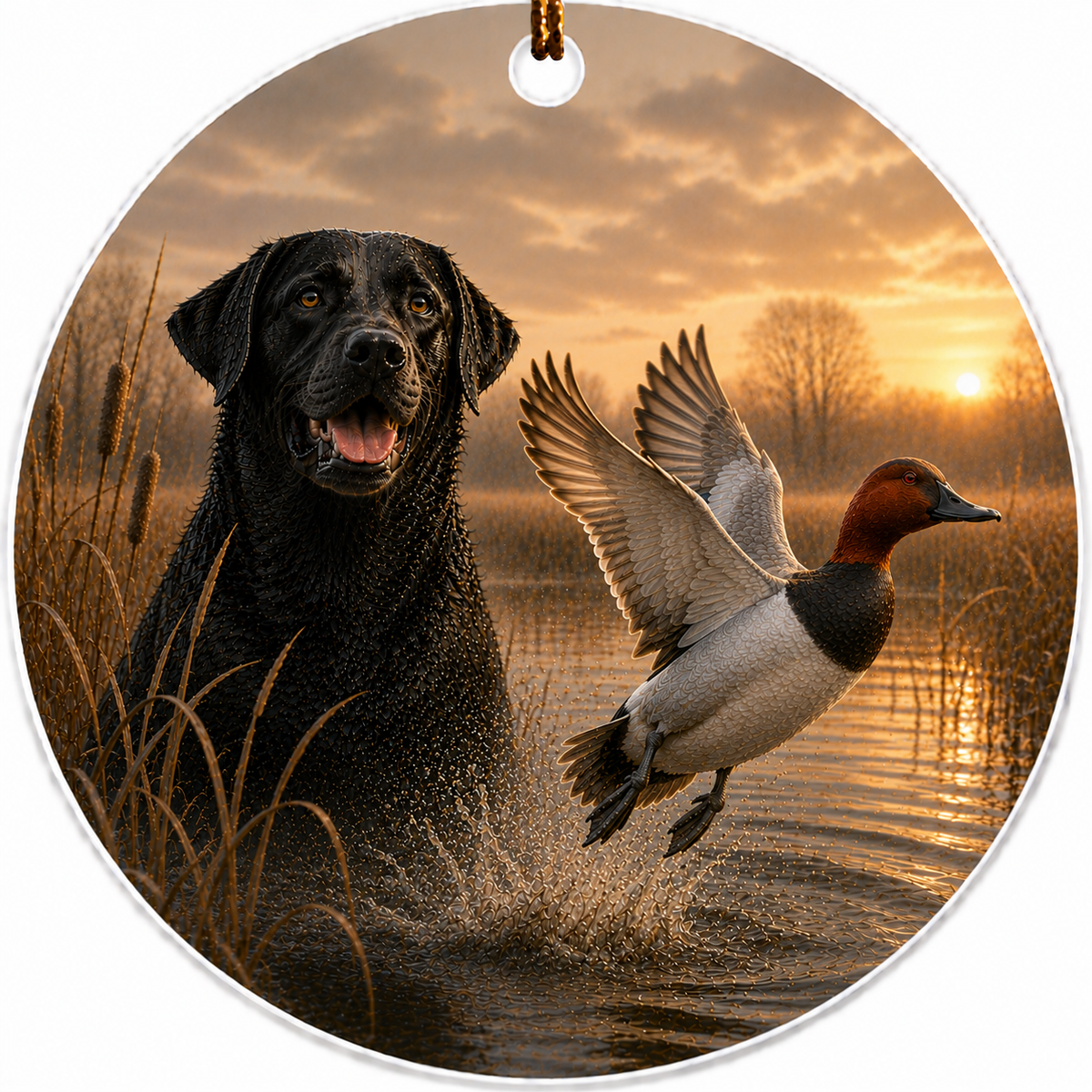 Round hanging ceramic ornament featuring a printed scene of a black labrador retriver in shallow water beside a Canvasback Duck taking flight at sunset, with a small loop and string at the top.