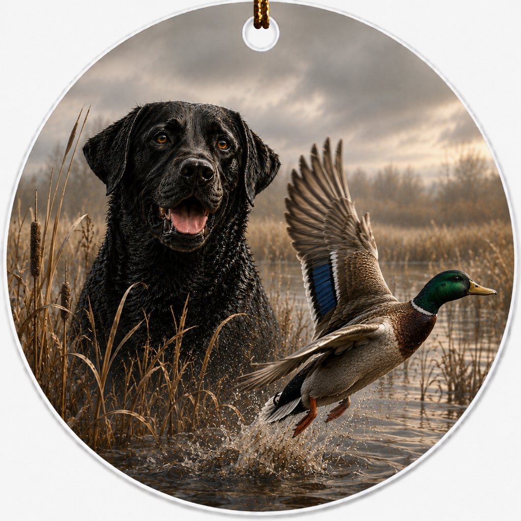 Round hanging ceramic ornament featuring a printed scene of a black labrador retriever in shallow water beside a mallard duck flying through reeds under a cloudy sky