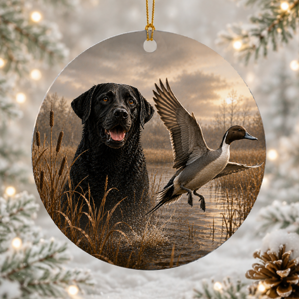 Round hanging ceramic ornament featuring a printed scene of a black Labrador retriever in a marsh with a Pintail Duck flying, set against a snowy pine-berry background with warm lights.