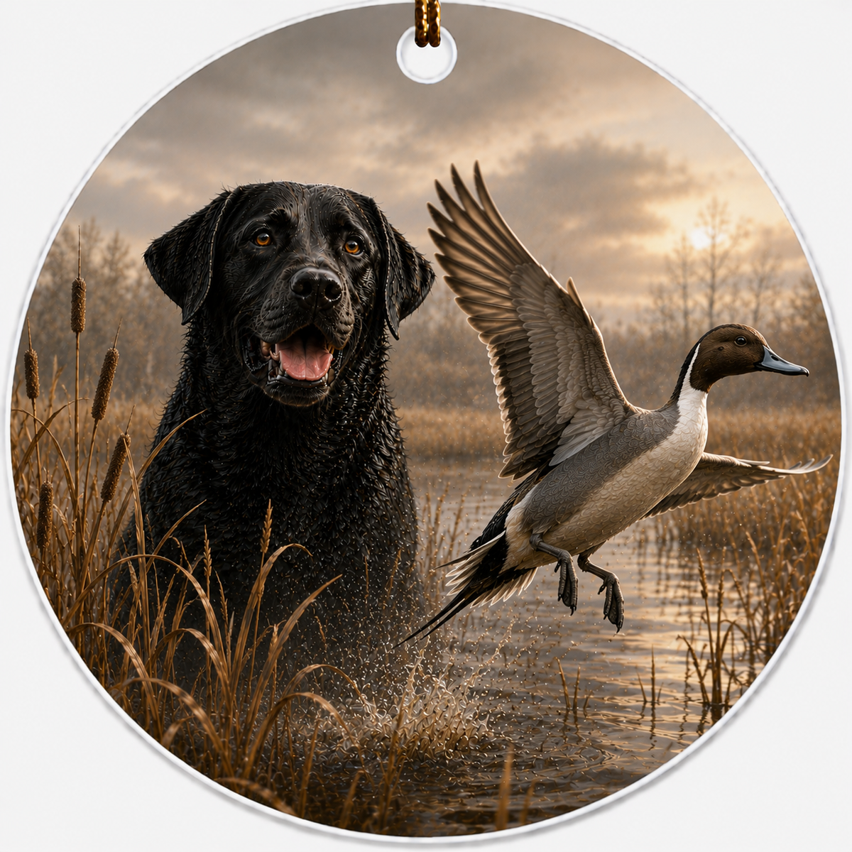 Round hanging ceramic ornament featuring a printed scene of a black Labrador retriever in shallow water with a Pintail Duck flying beside it at sunset, with a small loop and cord at the top.