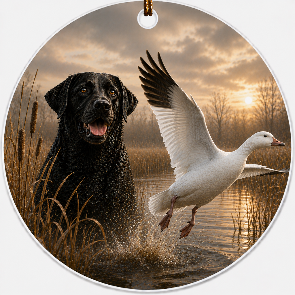 Round hanging ceramic ornament featuring a printed scene of a black labrador retriever in shallow water next to a white snow goose flying at sunset, with a small loop at the top for hanging.