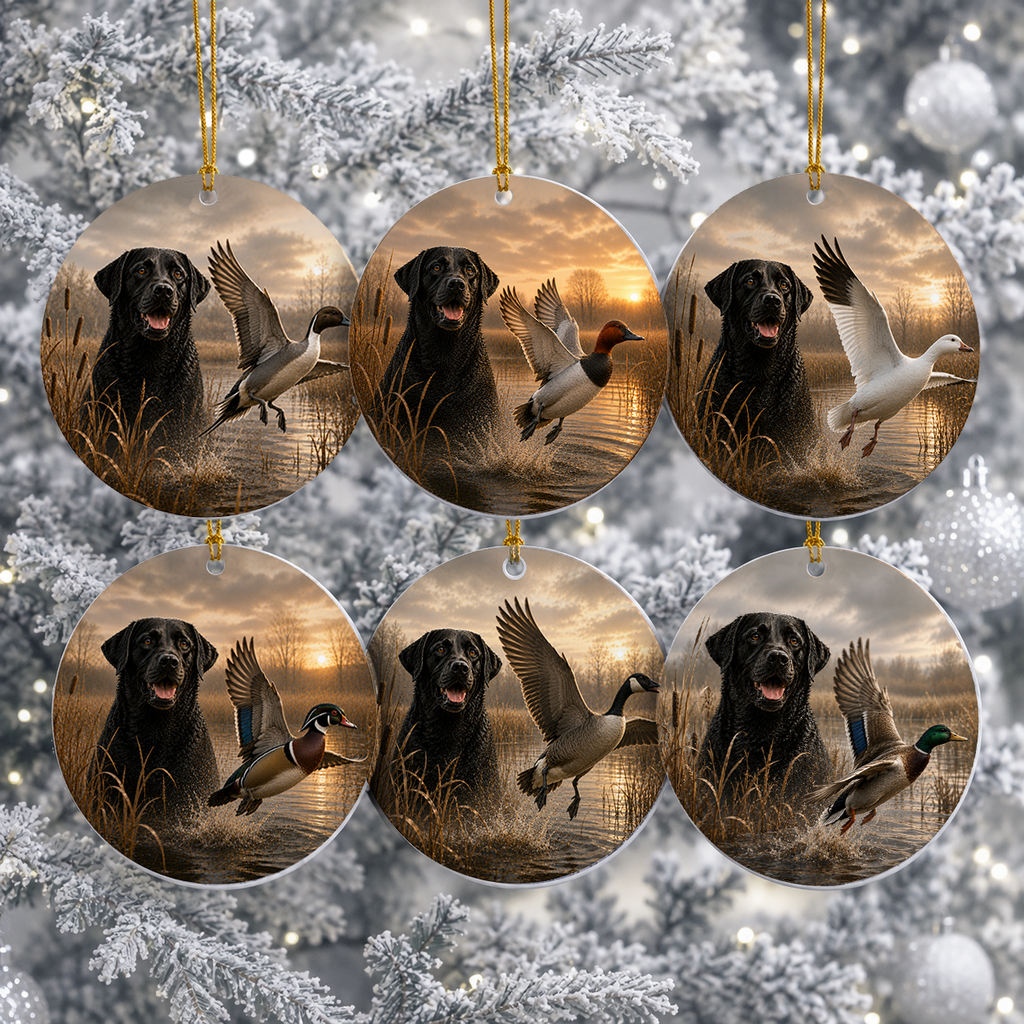 Six round Christmas ceramic ornaments hanging from gold strings against a snowy Christmas tree background. Each ornament features a printed scene of a black Labrador retriever beside ducks and geese at sunset over marshland.