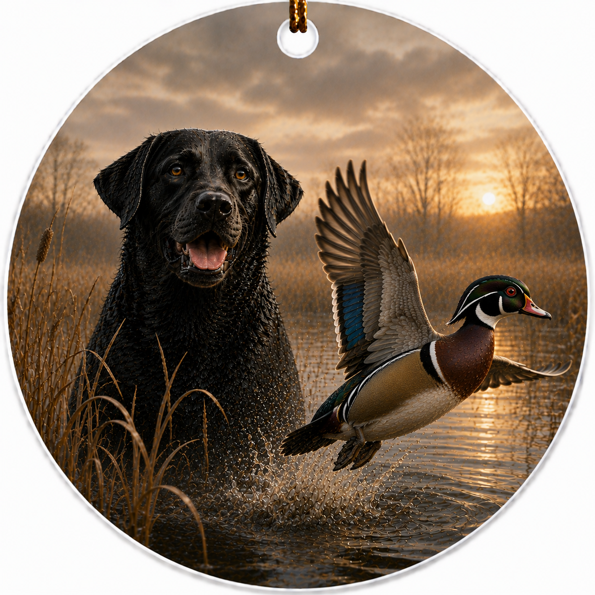 Round hanging ceramic ornament featuring a printed scene of a black labrador retriever standing in shallow water beside a flying Wood Duck at sunset over a marsh.