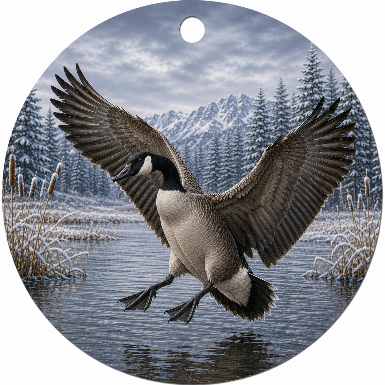Round hanging ornament featuring a winter landscape print of a Canada goose in flight over a snoceramic wy lake, with mountains and pine trees in the background.