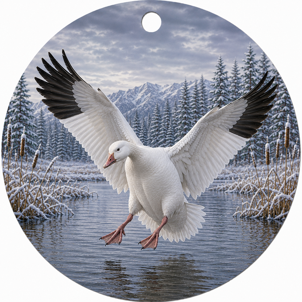Round hanging ceramic ornament featuring a printed winter landscape with a white snow goose flying over snowy reeds and water, with mountains and pine trees in the background.