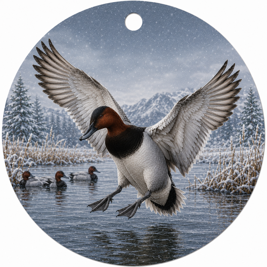 Round hanging ceramic ornament featuring a winter pond scene with a large canvasback duck flying overhead and several ducks swimming in the background, with a snow-covered landscape and mountains behind them.