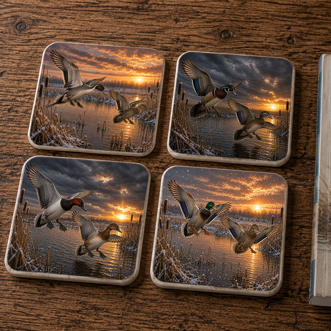 Four square ceramic coasters featuring a winter duck hunting sunset scene with pairs of ducks - drakes and hens - , arranged on a wooden tabletop next to a book