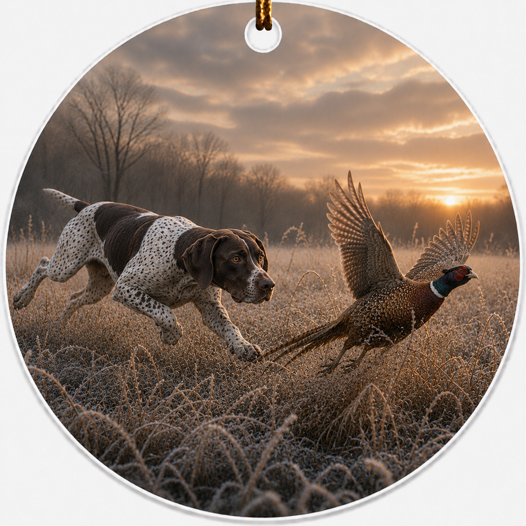 Ceramic ornament featuring a painting of a German Shorthair Pointer flushing a Ring-necked Pheasant.