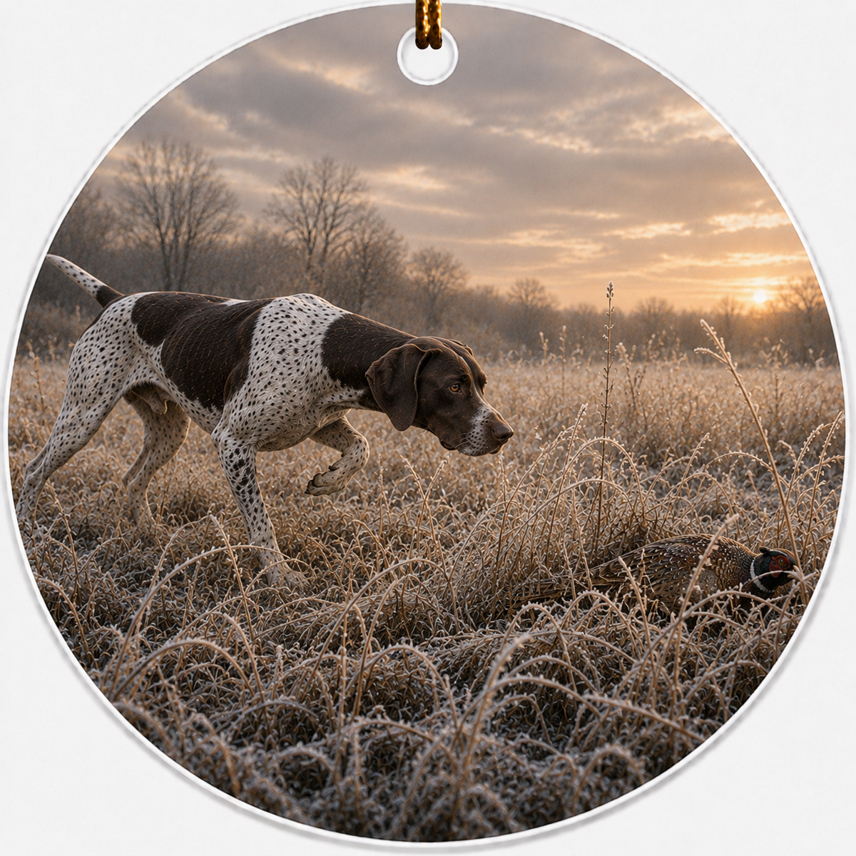 Ceramic ornament featuring a painting of a German Shorthair Pointer 'on point'.