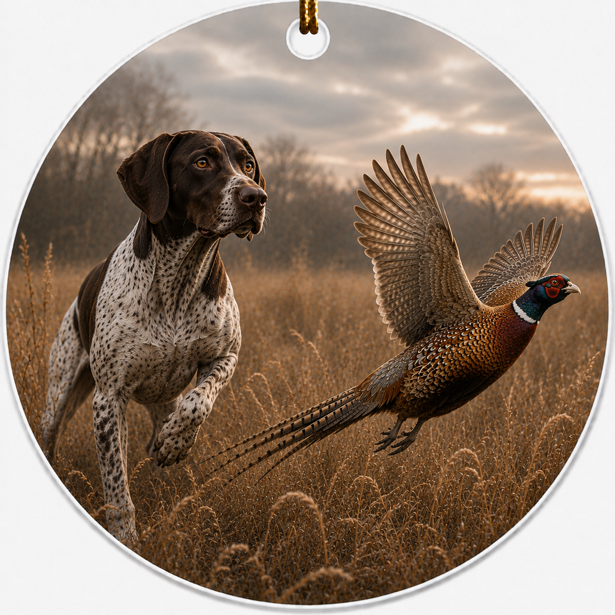Ceramic ornament featuring a painting of a German Shorthair Pointer flushing a Ring-necked Pheasant.