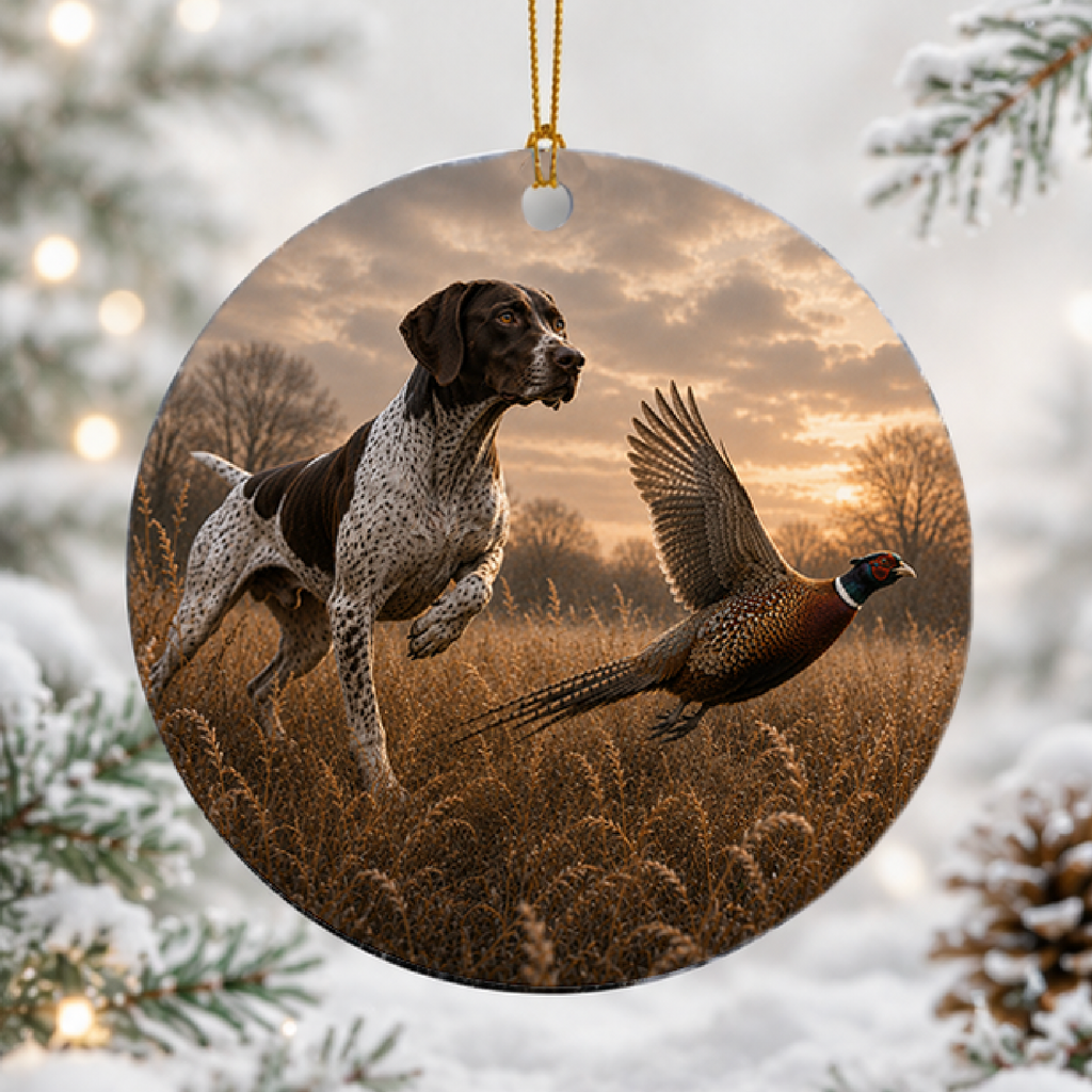 Ceramic ornament featuring a painting of a German Shorthair Pointer flushing a Ring-necked Pheasant hanging in front of a snowy scene.