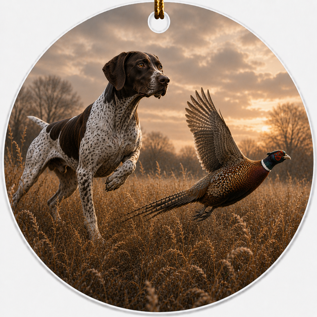 Ceramic ornament featuring a painting of a German Shorthair Pointer flushing a Ring-necked Pheasant.