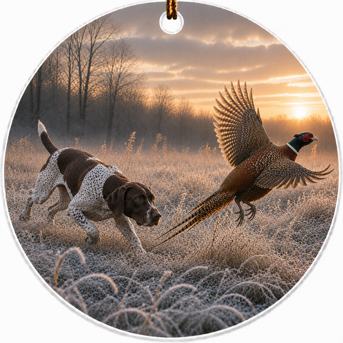 Ceramic ornament featuring a painting of a German Shorthair Pointer flushing a Ring-necked Pheasant.