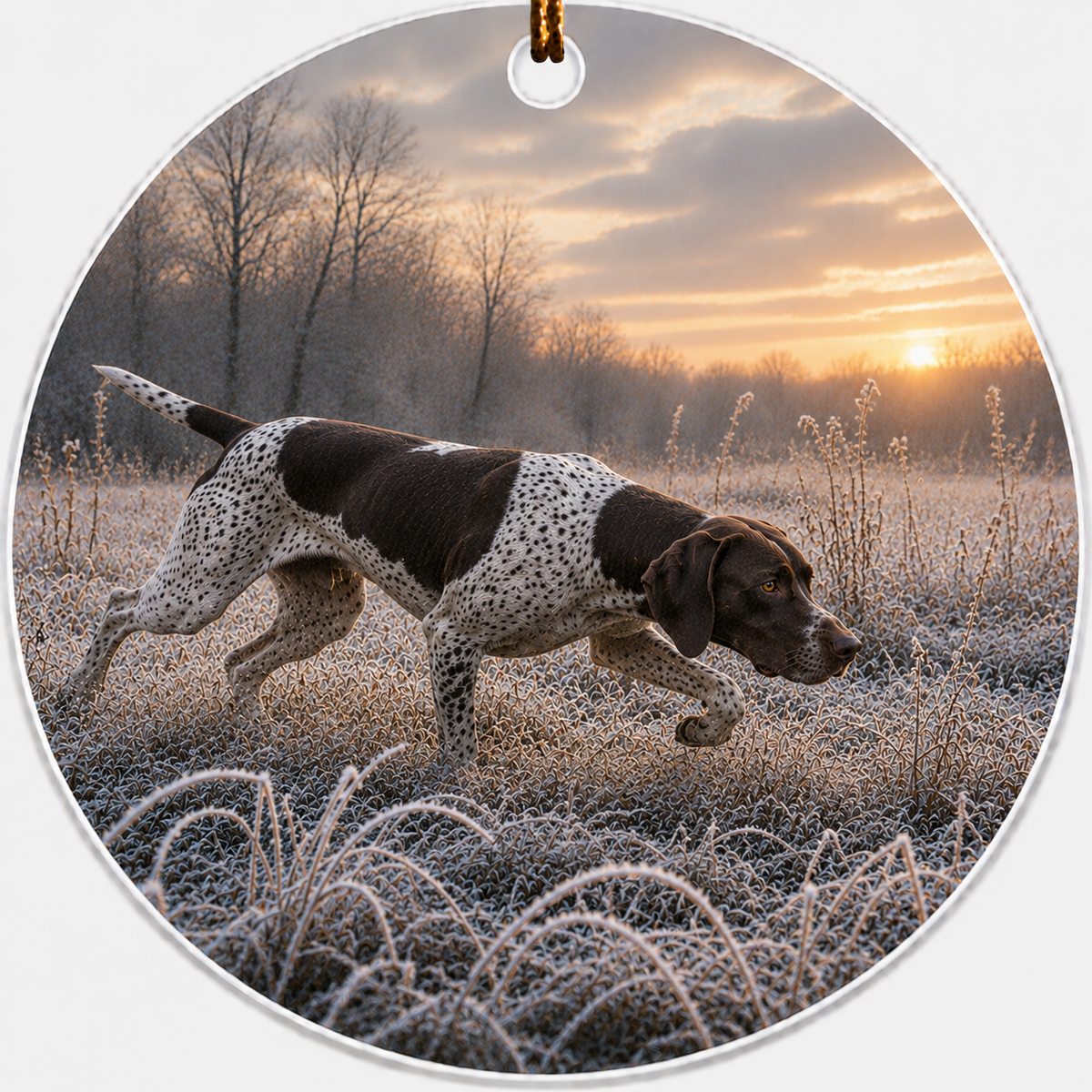 Ceramic ornament featuring a painting of a German Shorthair Pointer 'on point'.