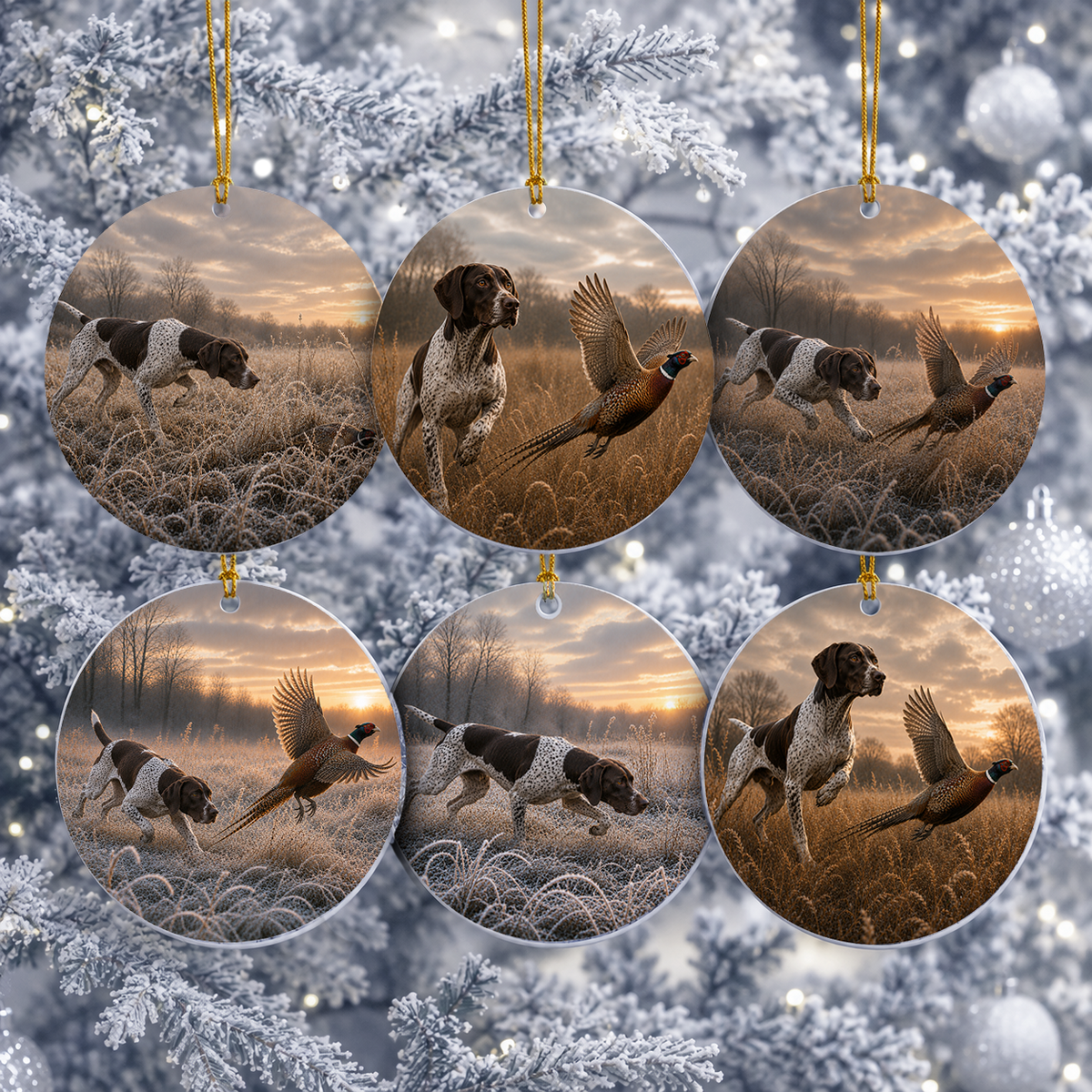 Six round ceramic Christmas ornaments hanging on a frosted Christmas tree. Each ornament features a print of a German Shorthair Pointer flushing  in a frosty field at sunset.