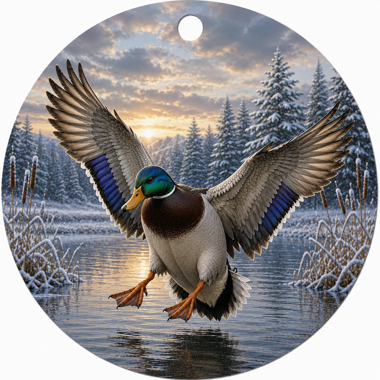 Round hanging ceramic ornament featuring a winter landscape with a mallard duck flying over snowy reeds and a frozen pond at sunrise.
