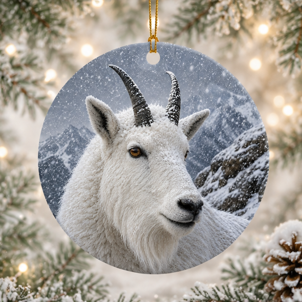 Round ceramic Christmas ornament featuring a snowy mountain goat portrait, hanging by a gold string against a snowy pine tree background with warm bokeh lights.