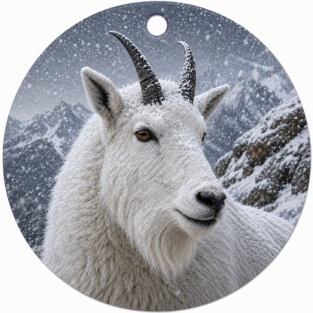 Round hanging ceramic ornament featuring a close-up photograph of a snow-covered mountain goat in a snowy mountain landscape, with a small hole at the top for hanging.