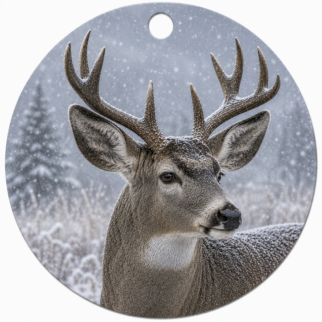 Round hanging ceramic ornament featuring a detailed ppainting of a Mule deer with large antlers in a snowy outdoor setting.