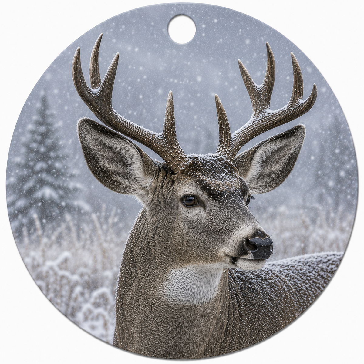 Round hanging ceramic ornament featuring a detailed ppainting of a Mule deer with large antlers in a snowy outdoor setting.