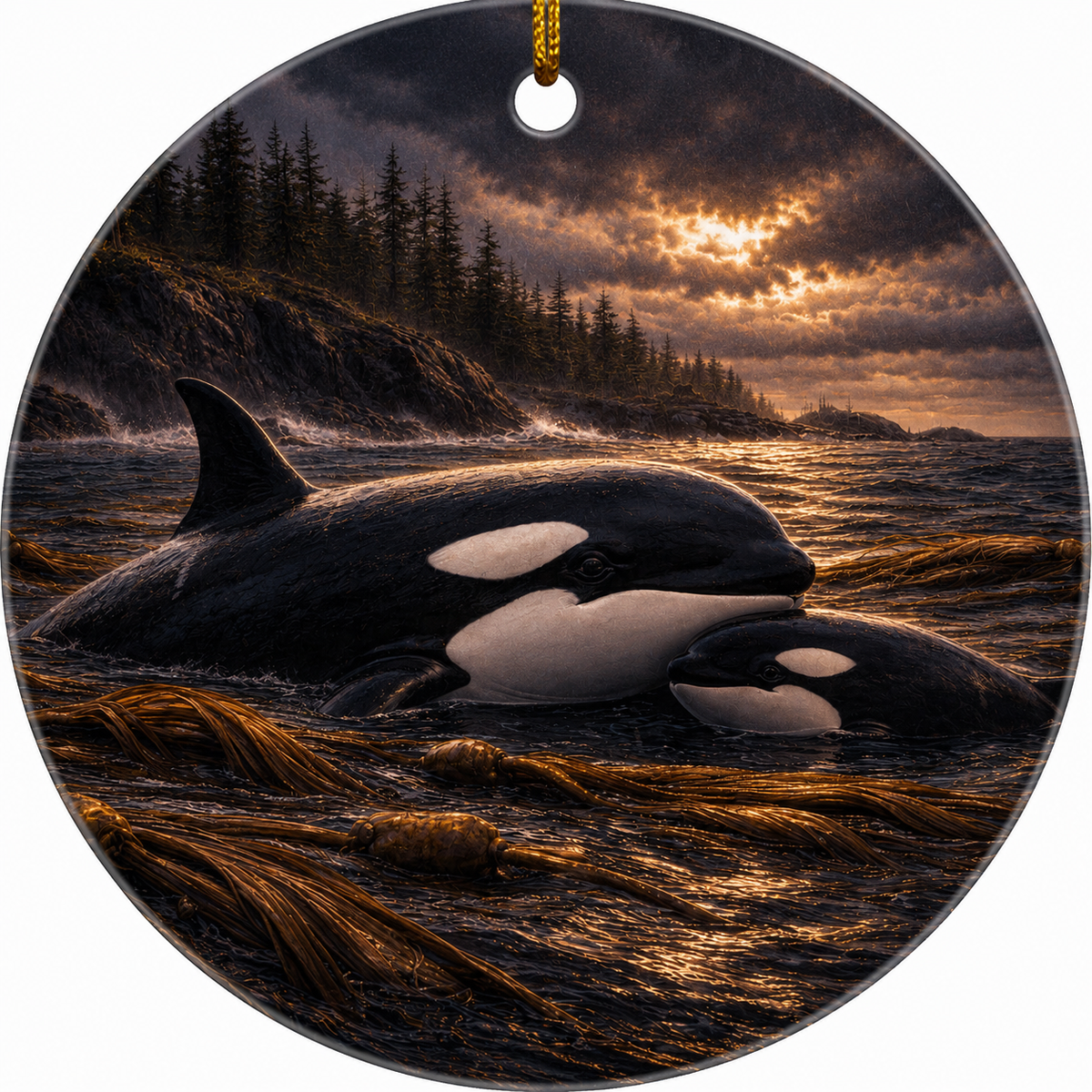 Round hanging ornament featuring a dramatic ocean scene with two orcas in dark water, rocky shoreline, evergreen trees, and a glowing sunset sky. A gold hanging loop is visible at the top center.