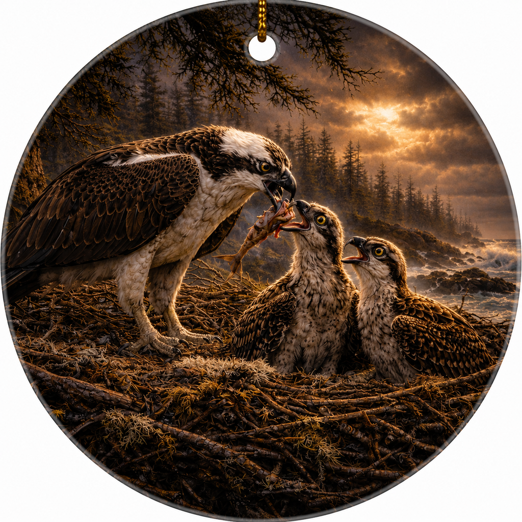 Round ceramic ornament featuring a detailed nature scene of three ospreys in a nest, with one adult holding a fish while two chicks look on, set against a dramatic sunset sky and forest background.