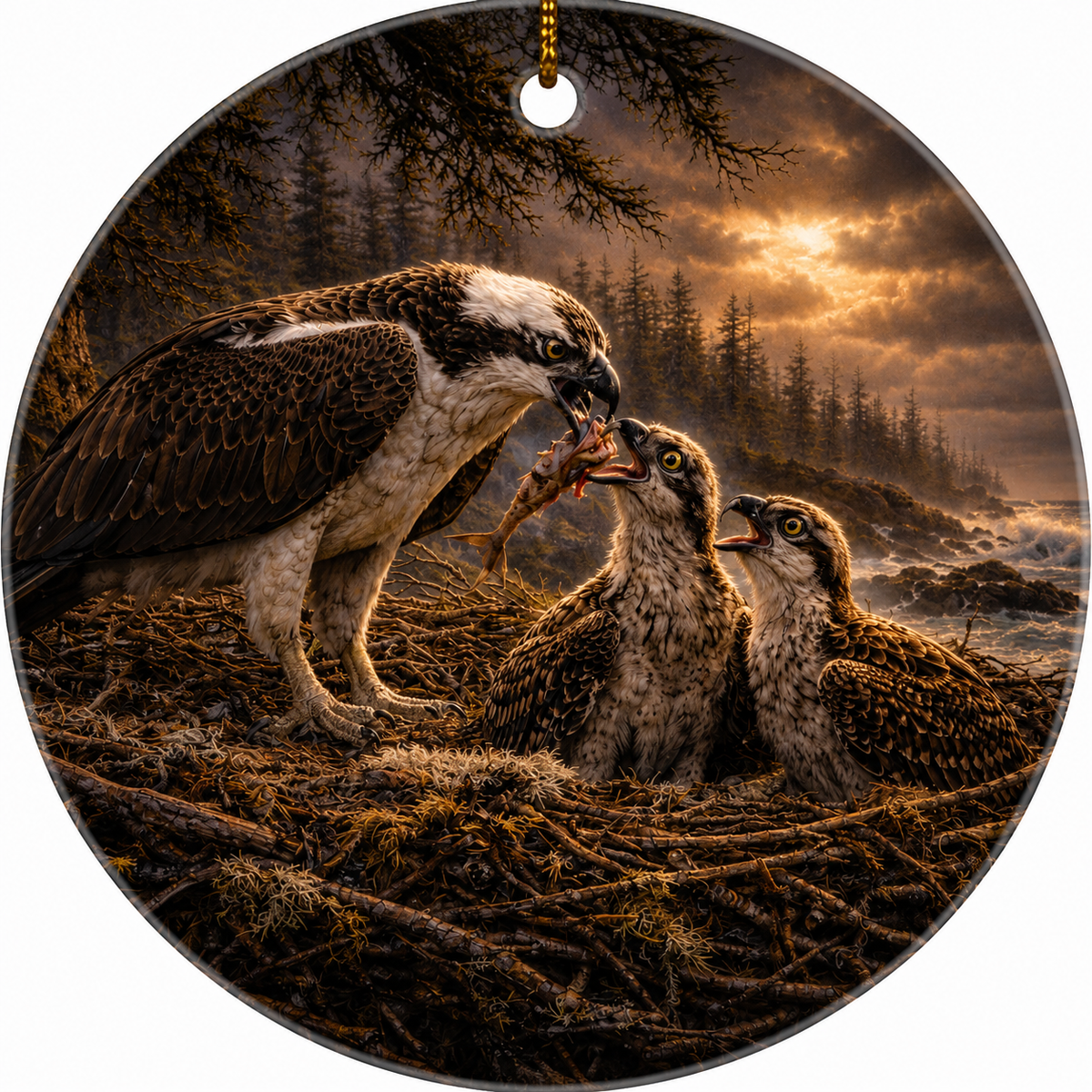 Round ceramic ornament featuring a detailed nature scene of three ospreys in a nest, with one adult holding a fish while two chicks look on, set against a dramatic sunset sky and forest background.
