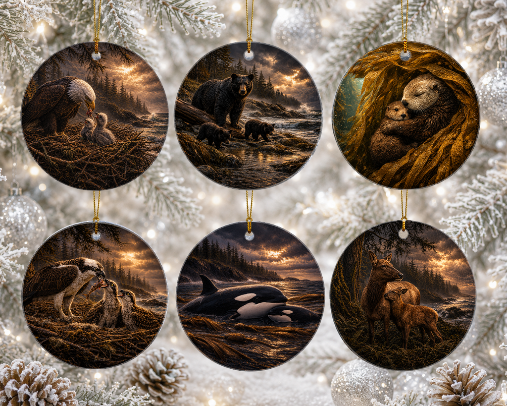 Six round ceramic Christmas ornaments featuring wildlife scenes of ther Pacific Northwest, hanging on a snowy pine tree with lights. The ornaments depict an eagle with a chick, a bear with cubs, an otter in a tree hollow, a falcon with chicks, an orca, and a deer with fawns, all in warm sunset tones.