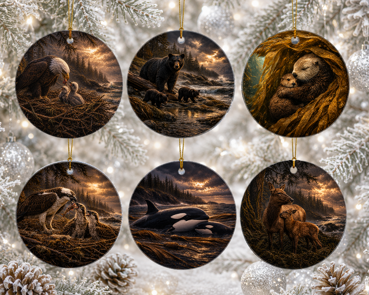 Six round ceramic Christmas ornaments featuring wildlife scenes of ther Pacific Northwest, hanging on a snowy pine tree with lights. The ornaments depict an eagle with a chick, a bear with cubs, an otter in a tree hollow, a falcon with chicks, an orca, and a deer with fawns, all in warm sunset tones.