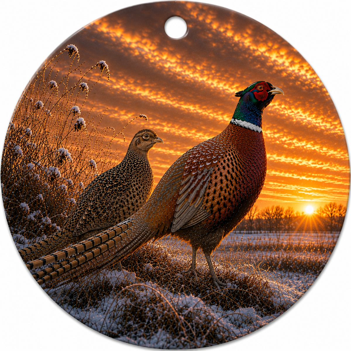Round hanging ceramic ornament featuring a print of two Ring-necked Pheasants standing in a frosty field at sunset, with a small hole at the top for hanging.
