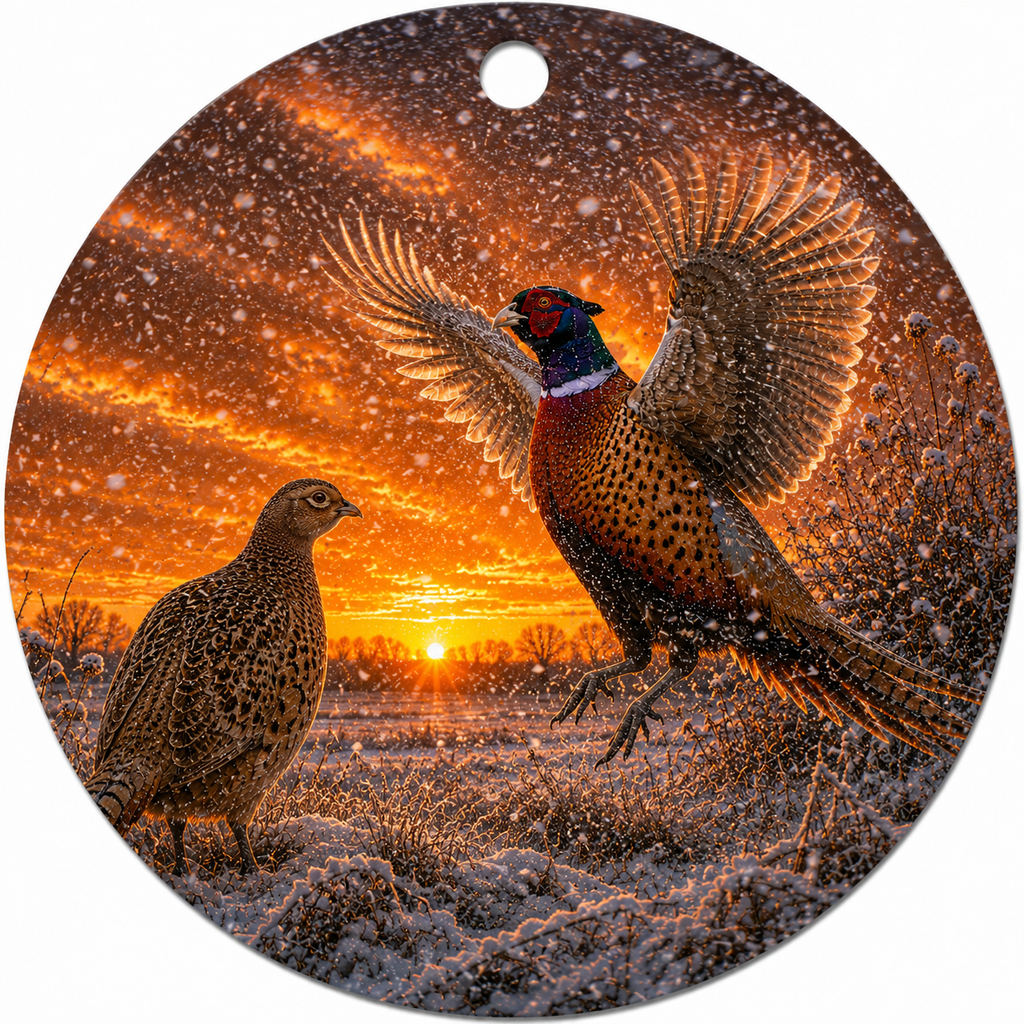Round hanging ornament featuring a winter sunset scene with two Ring-necked pheasants in a snowy field, shown on a plain white background.